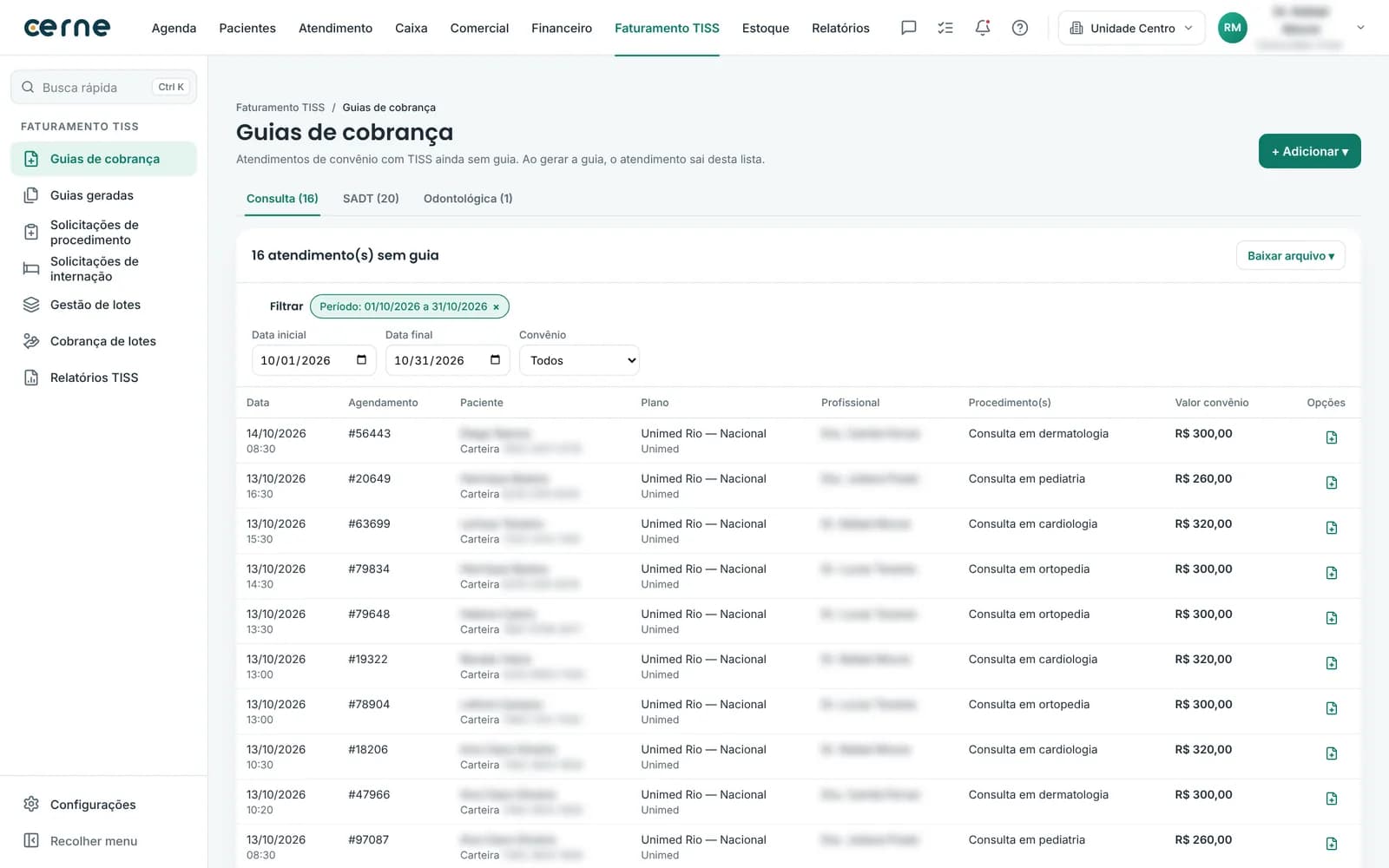 Tela de guias de cobrança TISS do Cerne com atendimentos de convênio sem guia, filtros e valores