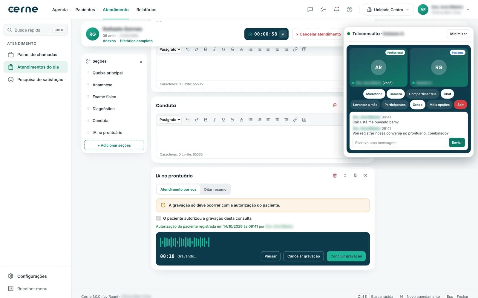 Teleconsulta ao vivo em janela flutuante sobre o prontuário, com a IA gravando a consulta